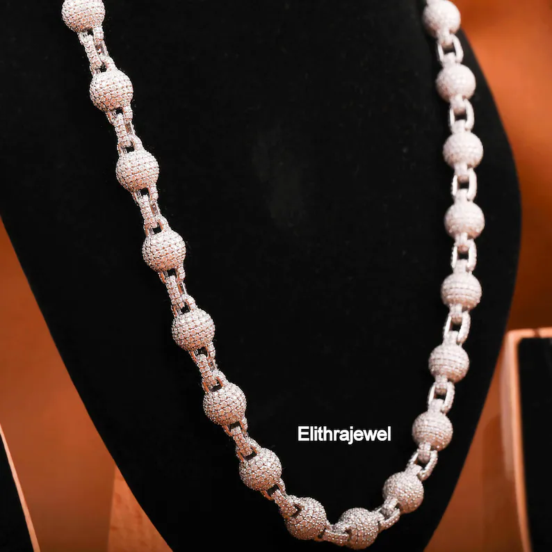 Round Moissanite Diamond Necklace 10mm Hip Hop jewelry Beads Ball Bubble Chain Tennis Necklace Men's Jewelry