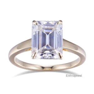 Unique Emerald Cut Moissanite Diamond Ring Solid Yellow Gold Wedding Bridal Jewelry 3CT Engagement Ring 4 Claw Prong Solitaire Ring For Her