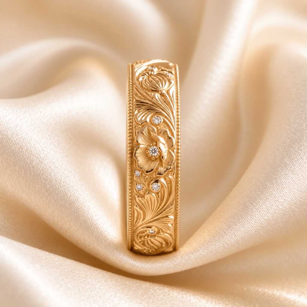 Forget Me Not and Poppy engraved moissanite wedding band in gold