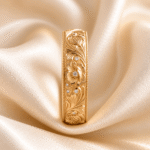 Forget Me Not and Poppy engraved moissanite wedding band in gold